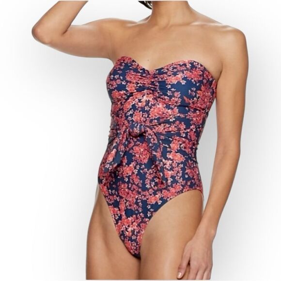 WeWoreWhat Bandeau Tie-Front One-Piece Swimsuit L Navy Red Floral - Picture 1 of 8